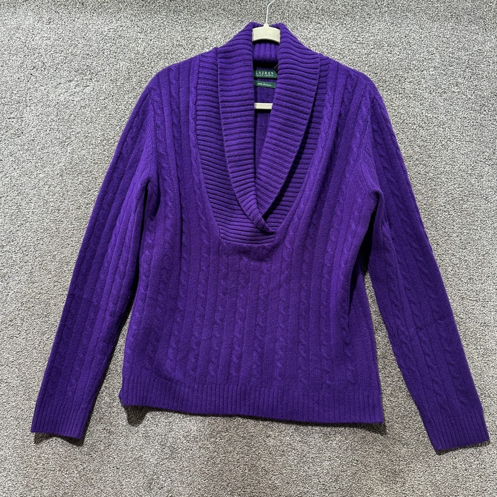 Lauren Ralph Lauren Pullover Sweater Women Large Purple 100% Cashmere Cable Knit